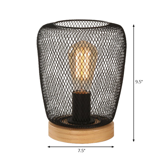 1 Bulb Table Lamp Industrial Stylish Pear/Barrel Shade Metal and Wood Task Lamp with Wire Guard in Black for Bedroom Clearhalo 'Lamps' 'Table Lamps' Lighting' 167795