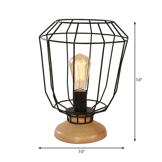 1 Bulb Table Lamp Industrial Stylish Pear/Barrel Shade Metal and Wood Task Lamp with Wire Guard in Black for Bedroom Clearhalo 'Lamps' 'Table Lamps' Lighting' 167801