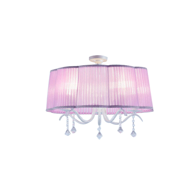 Drum Chandelier for Bedroom, 5 Lights Fabric Semi Flush Mount Light for Girls with Clear Crystal Decoration Modern Style Clearhalo 'Ceiling Lights' 'Close To Ceiling Lights' 'Close to ceiling' 'Semi-flushmount' Lighting' 167920
