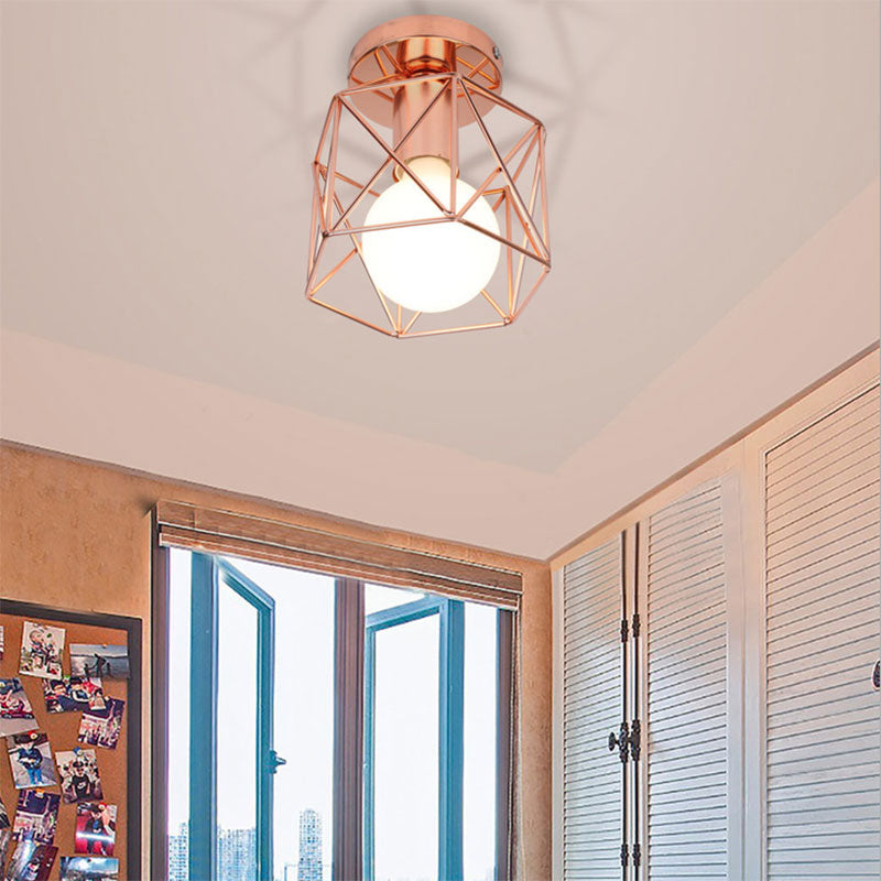 1 Bulb Ceiling Fixture with Geometric Cage Shade Iron Loft Style Bedroom Semi Flush Mount Light in Copper Copper Clearhalo 'Ceiling Lights' 'Close To Ceiling Lights' 'Close to ceiling' 'Semi-flushmount' Lighting' 167922