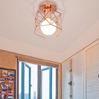 1 Bulb Ceiling Fixture with Geometric Cage Shade Iron Loft Style Bedroom Semi Flush Mount Light in Copper Copper Clearhalo 'Ceiling Lights' 'Close To Ceiling Lights' 'Close to ceiling' 'Semi-flushmount' Lighting' 167922