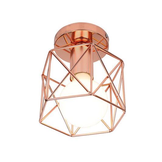 1 Bulb Ceiling Fixture with Geometric Cage Shade Iron Loft Style Bedroom Semi Flush Mount Light in Copper Clearhalo 'Ceiling Lights' 'Close To Ceiling Lights' 'Close to ceiling' 'Semi-flushmount' Lighting' 167924