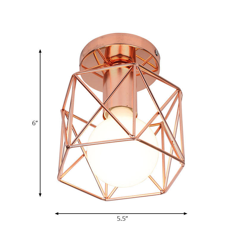 1 Bulb Ceiling Fixture with Geometric Cage Shade Iron Loft Style Bedroom Semi Flush Mount Light in Copper Clearhalo 'Ceiling Lights' 'Close To Ceiling Lights' 'Close to ceiling' 'Semi-flushmount' Lighting' 167925