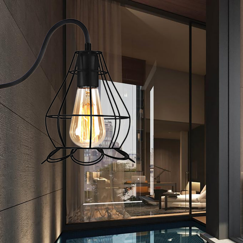 Black 1 Head Wall Lamp Vintage Industrial Metal Gourd/Squared Wall Light Sconce with Wire Frame for Coffee Shop Black Gourd Clearhalo 'Art deco wall lights' 'Cast Iron' 'Glass' 'Industrial wall lights' 'Industrial' 'Middle century wall lights' 'Modern' 'Rustic wall lights' 'Tiffany' 'Traditional wall lights' 'Wall Lamps & Sconces' 'Wall Lights' Lighting' 168032