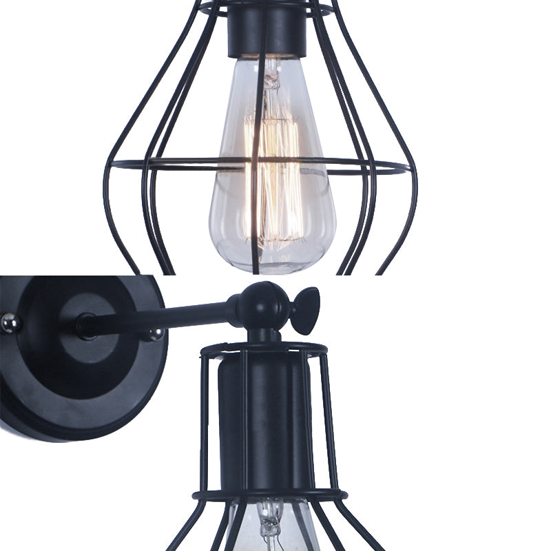 Black 1 Head Wall Lamp Vintage Industrial Metal Gourd/Squared Wall Light Sconce with Wire Frame for Coffee Shop Clearhalo 'Art deco wall lights' 'Cast Iron' 'Glass' 'Industrial wall lights' 'Industrial' 'Middle century wall lights' 'Modern' 'Rustic wall lights' 'Tiffany' 'Traditional wall lights' 'Wall Lamps & Sconces' 'Wall Lights' Lighting' 168036