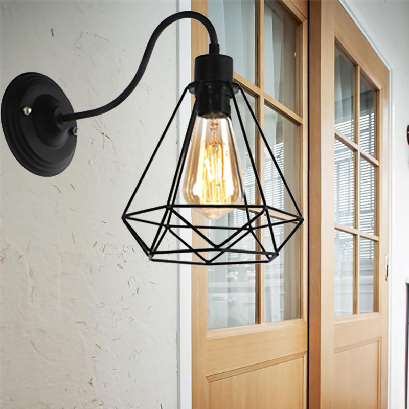 Black 1 Light Sconce Lamp Retro Style Metal Diamond/Star Wall Sconce Light with Cage Shade for Coffee Shop Clearhalo 'Art deco wall lights' 'Cast Iron' 'Glass' 'Industrial wall lights' 'Industrial' 'Middle century wall lights' 'Modern' 'Rustic wall lights' 'Tiffany' 'Traditional wall lights' 'Wall Lamps & Sconces' 'Wall Lights' Lighting' 168047