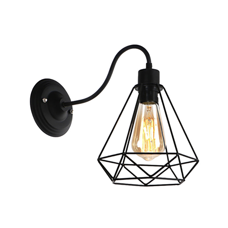 Black 1 Light Sconce Lamp Retro Style Metal Diamond/Star Wall Sconce Light with Cage Shade for Coffee Shop Clearhalo 'Art deco wall lights' 'Cast Iron' 'Glass' 'Industrial wall lights' 'Industrial' 'Middle century wall lights' 'Modern' 'Rustic wall lights' 'Tiffany' 'Traditional wall lights' 'Wall Lamps & Sconces' 'Wall Lights' Lighting' 168048