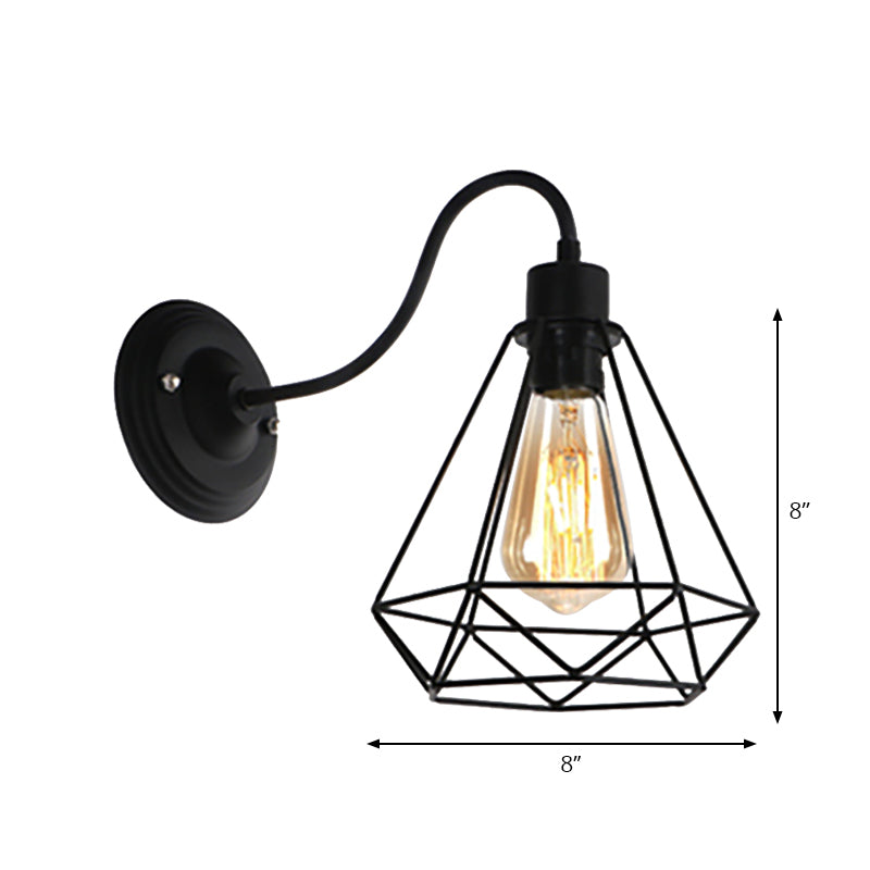 Black 1 Light Sconce Lamp Retro Style Metal Diamond/Star Wall Sconce Light with Cage Shade for Coffee Shop Clearhalo 'Art deco wall lights' 'Cast Iron' 'Glass' 'Industrial wall lights' 'Industrial' 'Middle century wall lights' 'Modern' 'Rustic wall lights' 'Tiffany' 'Traditional wall lights' 'Wall Lamps & Sconces' 'Wall Lights' Lighting' 168049