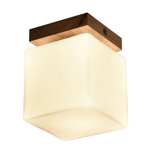 Porch Cube Shape Flush Ceiling Light Wood & Glass 1 Head Japanese Stylish White Ceiling Lamp Clearhalo 'Ceiling Lights' 'Close To Ceiling Lights' 'Close to ceiling' 'Glass shade' 'Glass' 'Semi-flushmount' Lighting' 168086