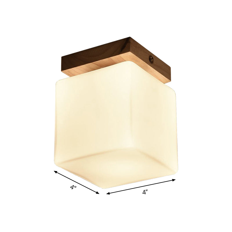 Porch Cube Shape Flush Ceiling Light Wood & Glass 1 Head Japanese Stylish White Ceiling Lamp Clearhalo 'Ceiling Lights' 'Close To Ceiling Lights' 'Close to ceiling' 'Glass shade' 'Glass' 'Semi-flushmount' Lighting' 168087