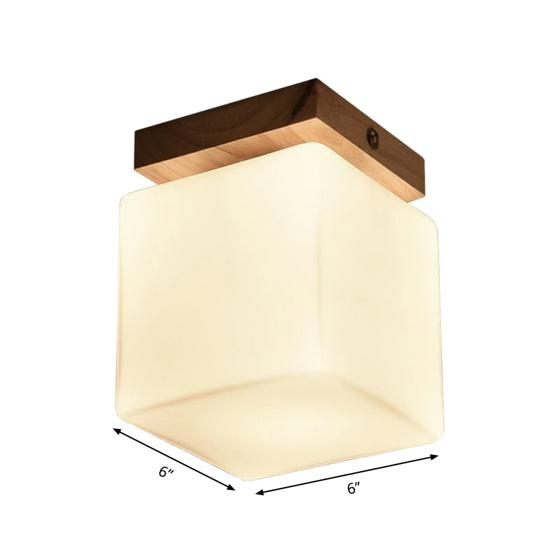 Porch Cube Shape Flush Ceiling Light Wood & Glass 1 Head Japanese Stylish White Ceiling Lamp Clearhalo 'Ceiling Lights' 'Close To Ceiling Lights' 'Close to ceiling' 'Glass shade' 'Glass' 'Semi-flushmount' Lighting' 168088