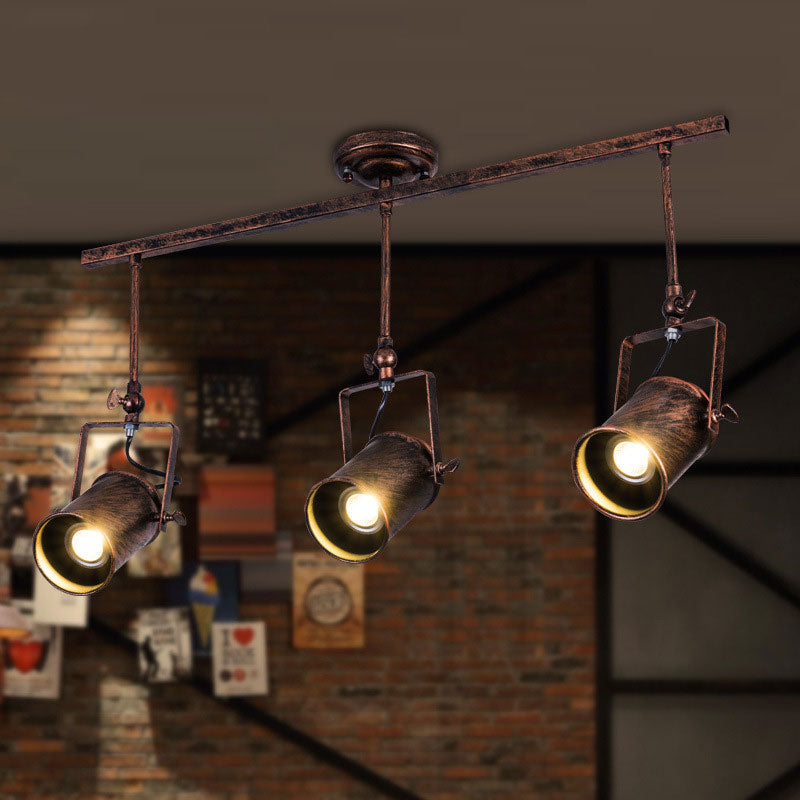 Antique Style Cylinder Track Light 1/2/3-Light Wrought Iron Semi-Flush Ceiling Light in Dark Rust for Coffee Shop 3 Rust Clearhalo 'Ceiling Lights' 'Close To Ceiling Lights' 'Close to ceiling' 'Semi-flushmount' Lighting' 168161