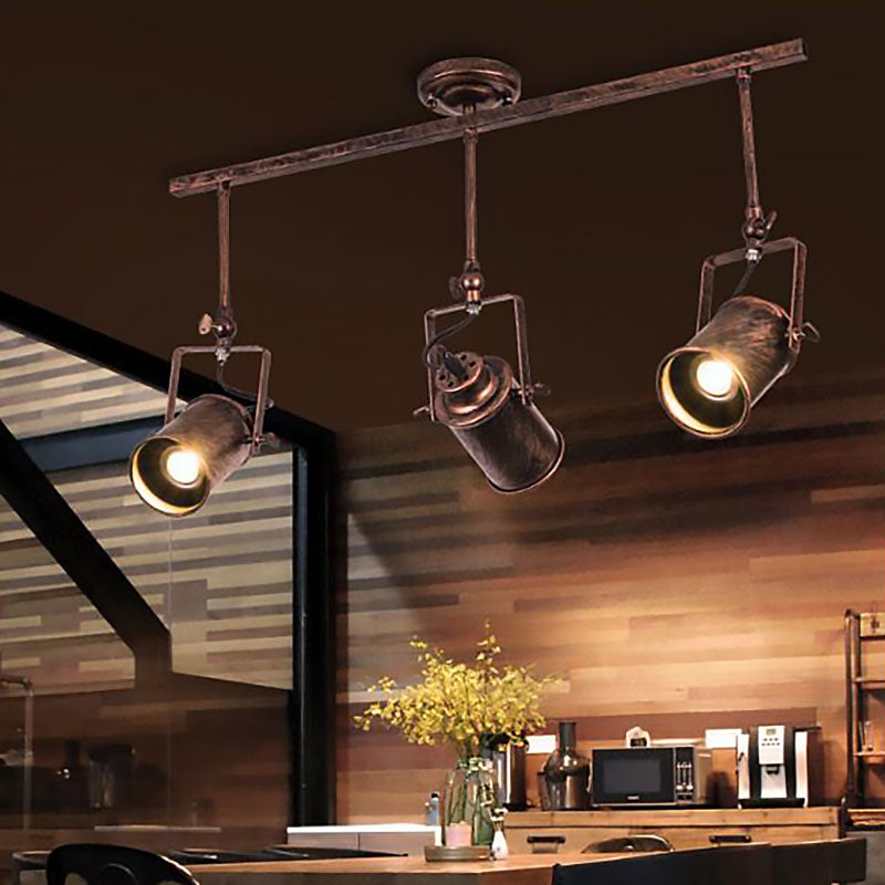 Antique Style Cylinder Track Light 1/2/3-Light Wrought Iron Semi-Flush Ceiling Light in Dark Rust for Coffee Shop Clearhalo 'Ceiling Lights' 'Close To Ceiling Lights' 'Close to ceiling' 'Semi-flushmount' Lighting' 168162