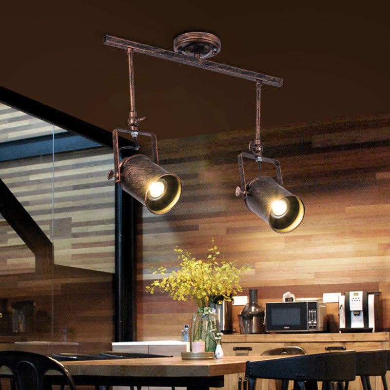 Antique Style Cylinder Track Light 1/2/3-Light Wrought Iron Semi-Flush Ceiling Light in Dark Rust for Coffee Shop 2 Rust Clearhalo 'Ceiling Lights' 'Close To Ceiling Lights' 'Close to ceiling' 'Semi-flushmount' Lighting' 168165