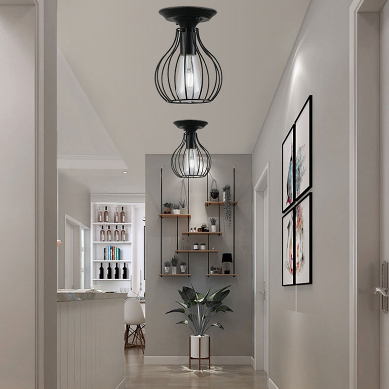 Oval/Bell Cage Iron Ceiling Lamp Industrial Stylish 1 Head Corridor Semi Flush Pendant Light in Black Black Onion Clearhalo 'Ceiling Lights' 'Close To Ceiling Lights' 'Close to ceiling' 'Semi-flushmount' Lighting' 168204