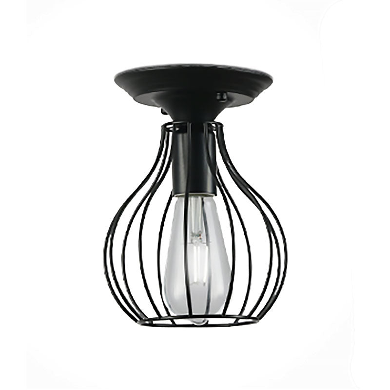 Oval/Bell Cage Iron Ceiling Lamp Industrial Stylish 1 Head Corridor Semi Flush Pendant Light in Black Clearhalo 'Ceiling Lights' 'Close To Ceiling Lights' 'Close to ceiling' 'Semi-flushmount' Lighting' 168206