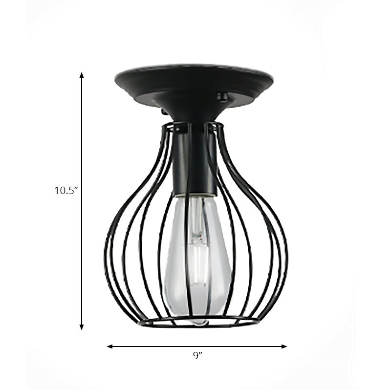Oval/Bell Cage Iron Ceiling Lamp Industrial Stylish 1 Head Corridor Semi Flush Pendant Light in Black Clearhalo 'Ceiling Lights' 'Close To Ceiling Lights' 'Close to ceiling' 'Semi-flushmount' Lighting' 168207