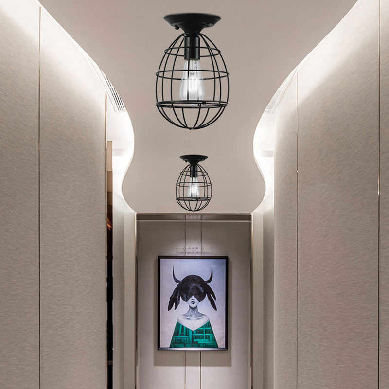 Oval/Bell Cage Iron Ceiling Lamp Industrial Stylish 1 Head Corridor Semi Flush Pendant Light in Black Black Oval Clearhalo 'Ceiling Lights' 'Close To Ceiling Lights' 'Close to ceiling' 'Semi-flushmount' Lighting' 168208