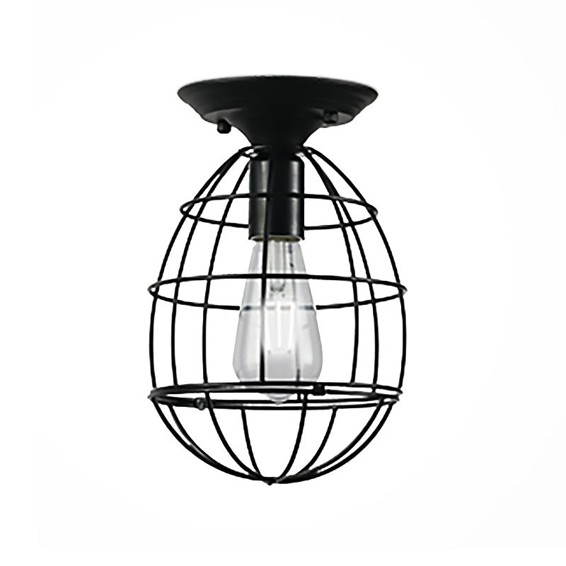 Oval/Bell Cage Iron Ceiling Lamp Industrial Stylish 1 Head Corridor Semi Flush Pendant Light in Black Clearhalo 'Ceiling Lights' 'Close To Ceiling Lights' 'Close to ceiling' 'Semi-flushmount' Lighting' 168209