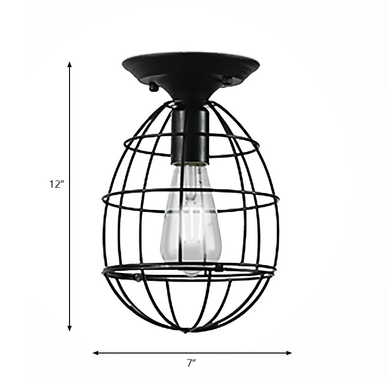 Oval/Bell Cage Iron Ceiling Lamp Industrial Stylish 1 Head Corridor Semi Flush Pendant Light in Black Clearhalo 'Ceiling Lights' 'Close To Ceiling Lights' 'Close to ceiling' 'Semi-flushmount' Lighting' 168210