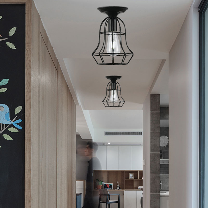 Oval/Bell Cage Iron Ceiling Lamp Industrial Stylish 1 Head Corridor Semi Flush Pendant Light in Black Black Bell Clearhalo 'Ceiling Lights' 'Close To Ceiling Lights' 'Close to ceiling' 'Semi-flushmount' Lighting' 168211