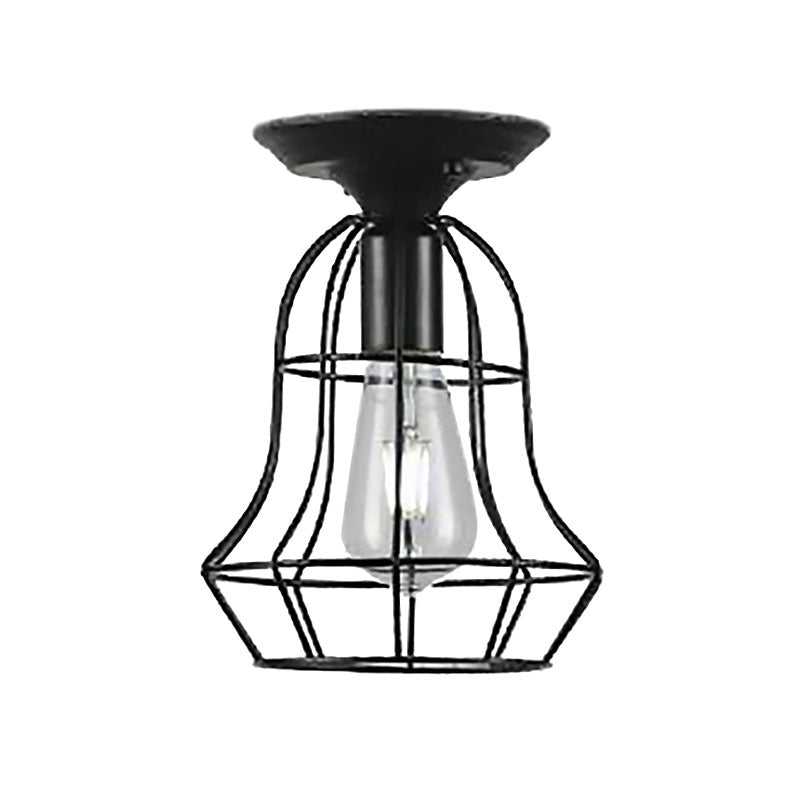 Oval/Bell Cage Iron Ceiling Lamp Industrial Stylish 1 Head Corridor Semi Flush Pendant Light in Black Clearhalo 'Ceiling Lights' 'Close To Ceiling Lights' 'Close to ceiling' 'Semi-flushmount' Lighting' 168212