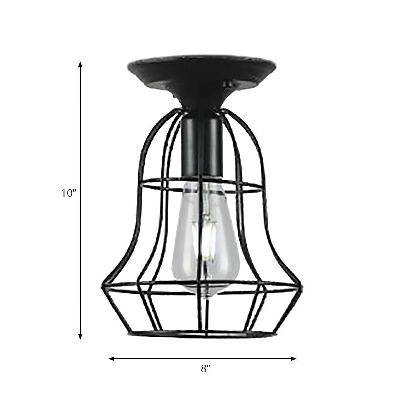 Oval/Bell Cage Iron Ceiling Lamp Industrial Stylish 1 Head Corridor Semi Flush Pendant Light in Black Clearhalo 'Ceiling Lights' 'Close To Ceiling Lights' 'Close to ceiling' 'Semi-flushmount' Lighting' 168213