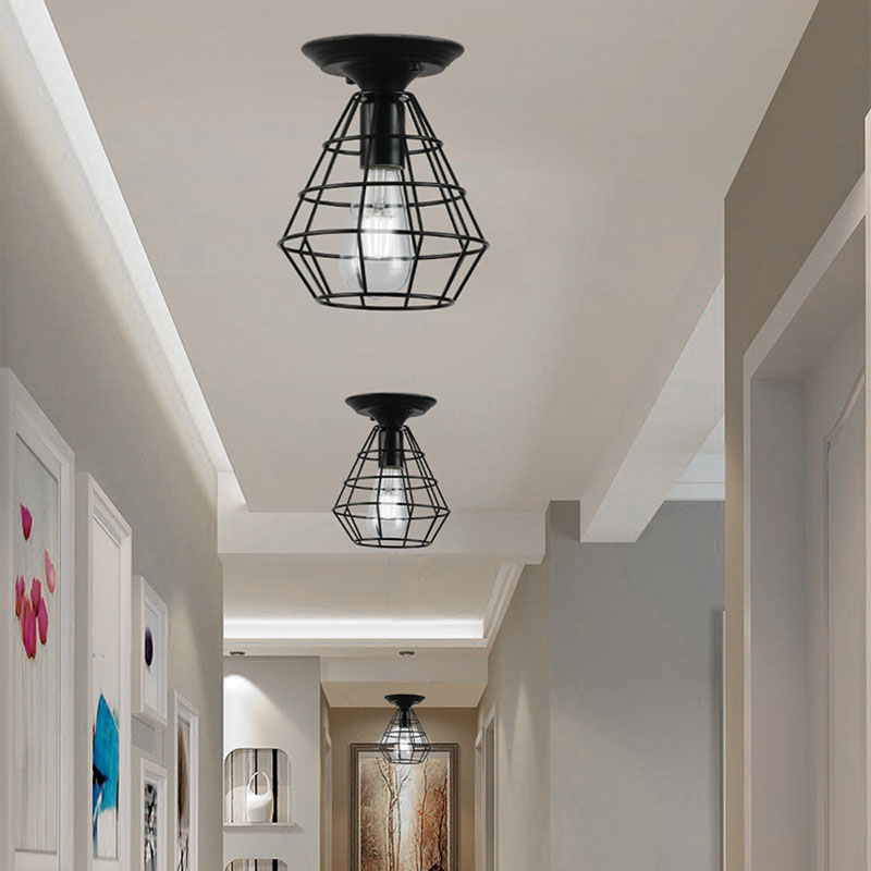 Oval/Bell Cage Iron Ceiling Lamp Industrial Stylish 1 Head Corridor Semi Flush Pendant Light in Black Black Diamond Clearhalo 'Ceiling Lights' 'Close To Ceiling Lights' 'Close to ceiling' 'Semi-flushmount' Lighting' 168214