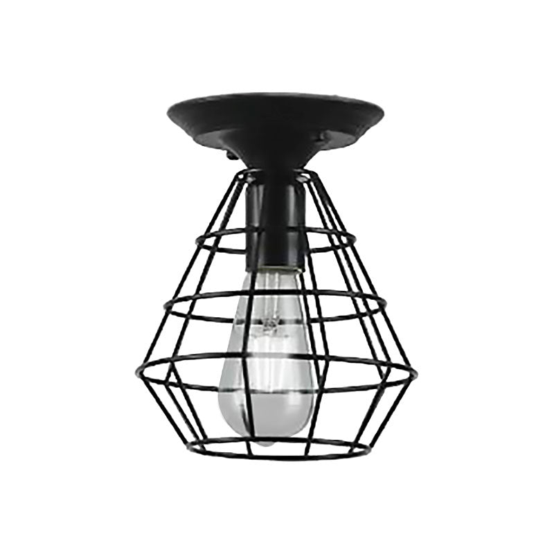 Oval/Bell Cage Iron Ceiling Lamp Industrial Stylish 1 Head Corridor Semi Flush Pendant Light in Black Clearhalo 'Ceiling Lights' 'Close To Ceiling Lights' 'Close to ceiling' 'Semi-flushmount' Lighting' 168215