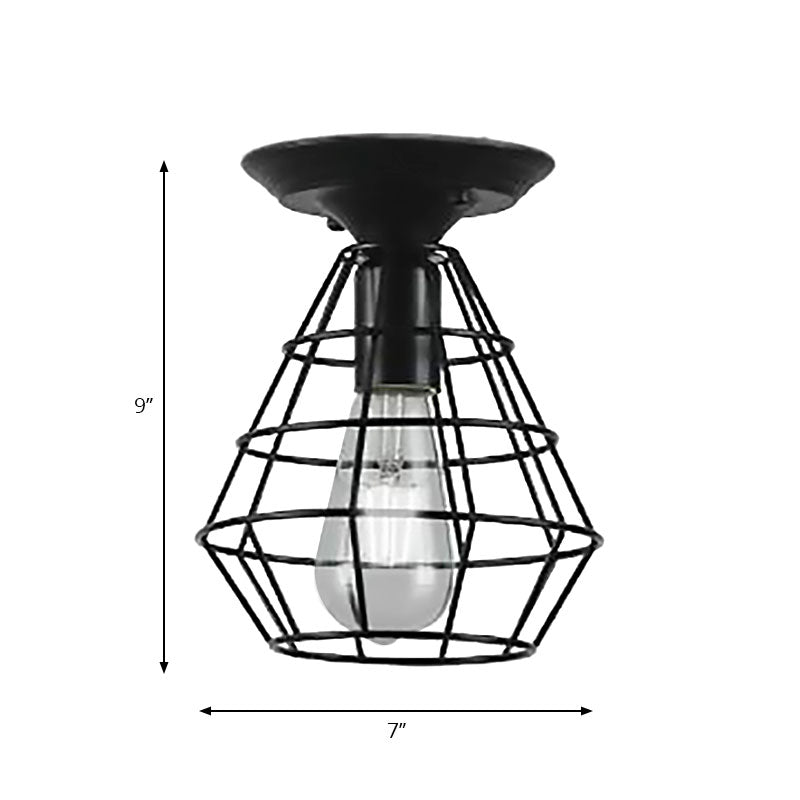 Oval/Bell Cage Iron Ceiling Lamp Industrial Stylish 1 Head Corridor Semi Flush Pendant Light in Black Clearhalo 'Ceiling Lights' 'Close To Ceiling Lights' 'Close to ceiling' 'Semi-flushmount' Lighting' 168216