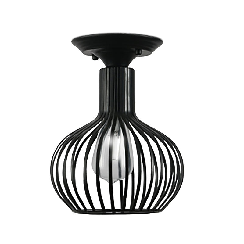 Retro Loft Globe/Pear Cage Ceiling Fixture 1 Light Metallic Semi-Flush Mount Light in Black for Hallway Clearhalo 'Ceiling Lights' 'Close To Ceiling Lights' 'Close to ceiling' 'Semi-flushmount' Lighting' 168225
