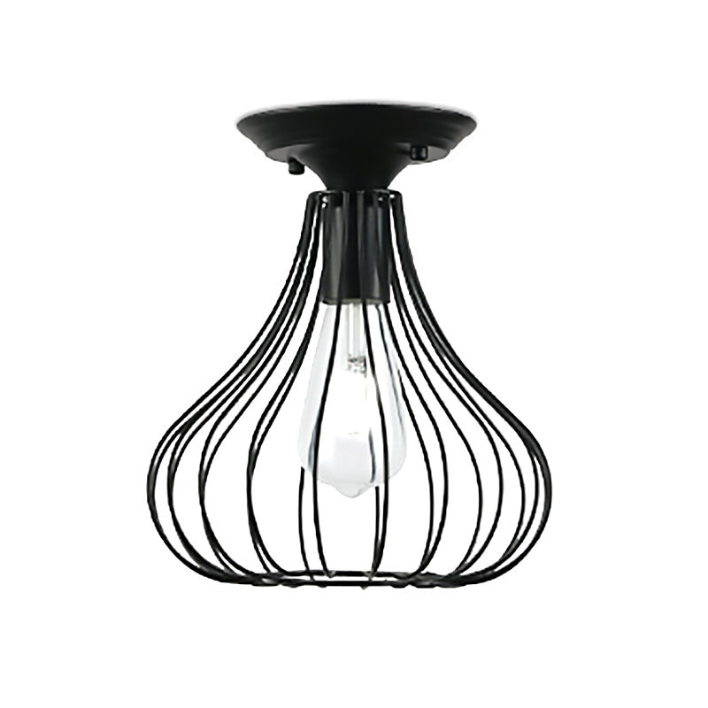 Retro Loft Globe/Pear Cage Ceiling Fixture 1 Light Metallic Semi-Flush Mount Light in Black for Hallway Clearhalo 'Ceiling Lights' 'Close To Ceiling Lights' 'Close to ceiling' 'Semi-flushmount' Lighting' 168228