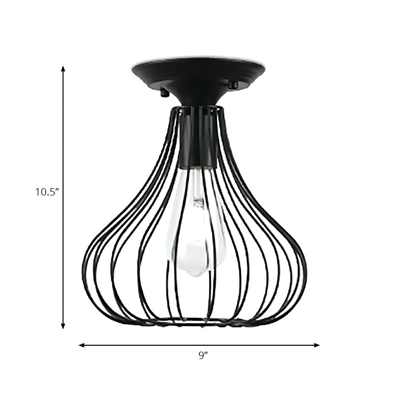 Retro Loft Globe/Pear Cage Ceiling Fixture 1 Light Metallic Semi-Flush Mount Light in Black for Hallway Clearhalo 'Ceiling Lights' 'Close To Ceiling Lights' 'Close to ceiling' 'Semi-flushmount' Lighting' 168229