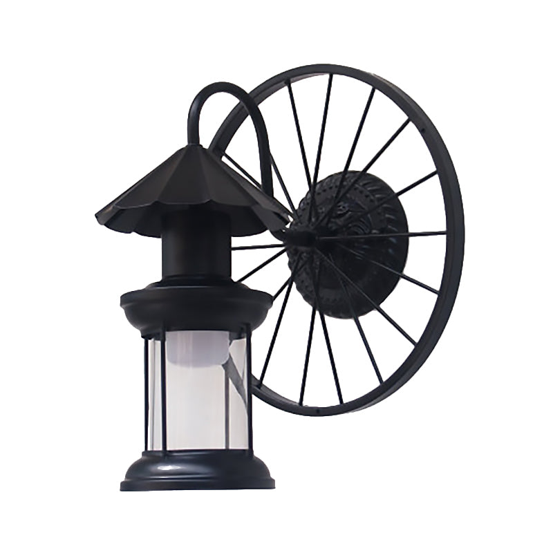 Black/Bronze Lantern Wall Sconce Light Vintage Industrial Metal 1 Light Restaurant Sconce Lamp with Wheel Decoration Clearhalo 'Art deco wall lights' 'Cast Iron' 'Glass' 'Industrial wall lights' 'Industrial' 'Middle century wall lights' 'Modern' 'Rustic wall lights' 'Tiffany' 'Traditional wall lights' 'Wall Lamps & Sconces' 'Wall Lights' Lighting' 168303