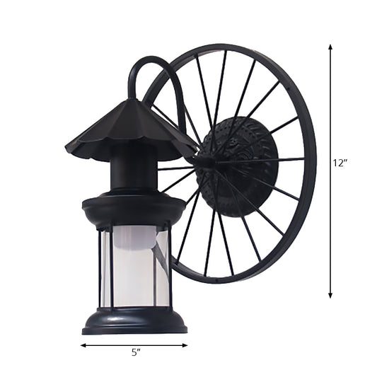 Black/Bronze Lantern Wall Sconce Light Vintage Industrial Metal 1 Light Restaurant Sconce Lamp with Wheel Decoration Clearhalo 'Art deco wall lights' 'Cast Iron' 'Glass' 'Industrial wall lights' 'Industrial' 'Middle century wall lights' 'Modern' 'Rustic wall lights' 'Tiffany' 'Traditional wall lights' 'Wall Lamps & Sconces' 'Wall Lights' Lighting' 168304