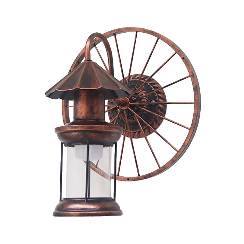 Black/Bronze Lantern Wall Sconce Light Vintage Industrial Metal 1 Light Restaurant Sconce Lamp with Wheel Decoration Clearhalo 'Art deco wall lights' 'Cast Iron' 'Glass' 'Industrial wall lights' 'Industrial' 'Middle century wall lights' 'Modern' 'Rustic wall lights' 'Tiffany' 'Traditional wall lights' 'Wall Lamps & Sconces' 'Wall Lights' Lighting' 168309