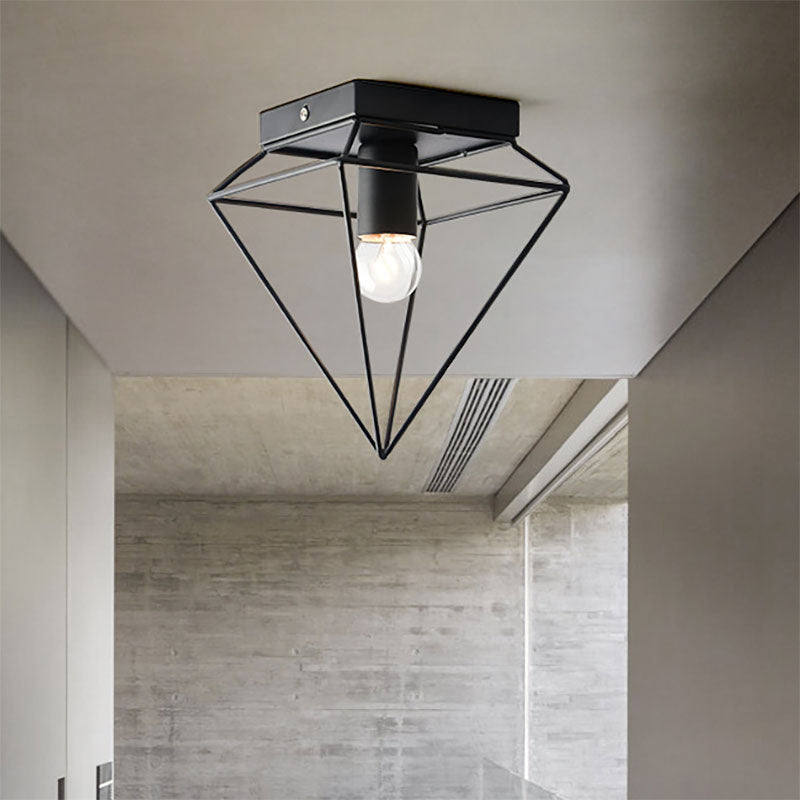 1 Light Cage Diamond Flush Mount Ceiling Light Loft Stylish Black/White Metallic Ceiling Lamp for Study Room Black Clearhalo 'Ceiling Lights' 'Close To Ceiling Lights' 'Close to ceiling' 'Flush mount' 'Industrial Flush Mount' Lighting' 168366