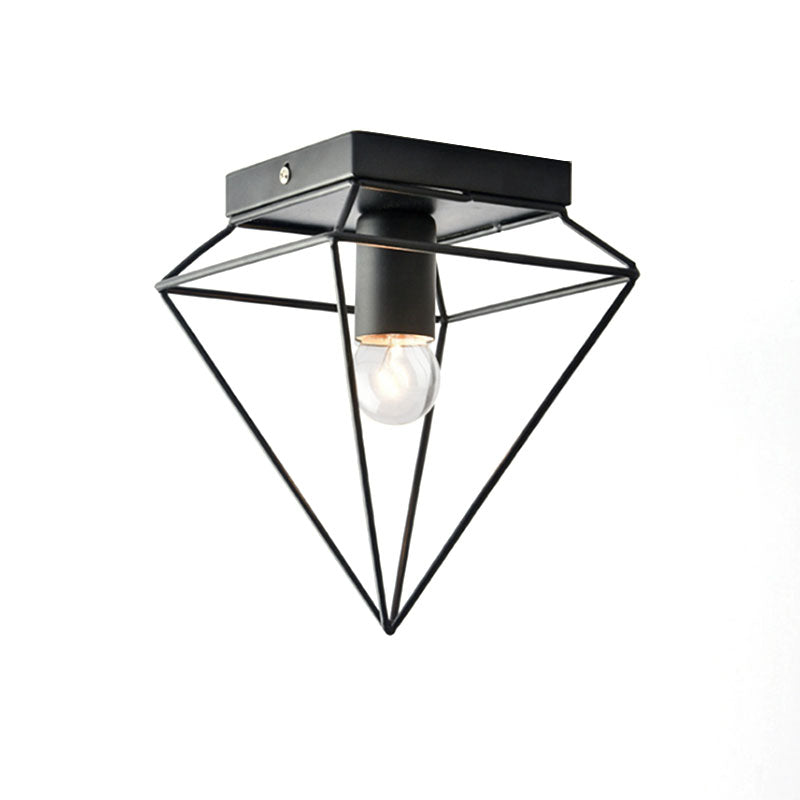 1 Light Cage Diamond Flush Mount Ceiling Light Loft Stylish Black/White Metallic Ceiling Lamp for Study Room Clearhalo 'Ceiling Lights' 'Close To Ceiling Lights' 'Close to ceiling' 'Flush mount' 'Industrial Flush Mount' Lighting' 168368