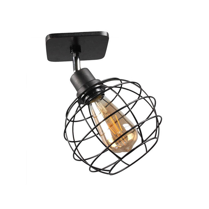 1/2/3-Head Ball Cage Semi Flush Mount Ceiling Light Industrial Black Metal Rotatable Ceiling Fixture for Restaurant Clearhalo 'Ceiling Lights' 'Close To Ceiling Lights' 'Close to ceiling' 'Semi-flushmount' Lighting' 168386