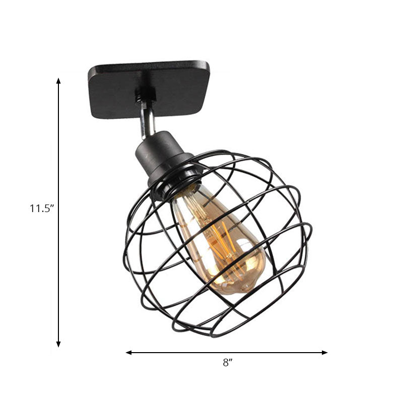 1/2/3-Head Ball Cage Semi Flush Mount Ceiling Light Industrial Black Metal Rotatable Ceiling Fixture for Restaurant Clearhalo 'Ceiling Lights' 'Close To Ceiling Lights' 'Close to ceiling' 'Semi-flushmount' Lighting' 168387