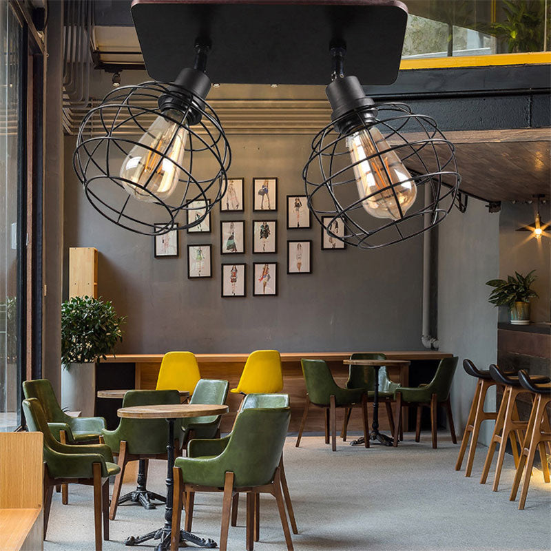 1/2/3-Head Ball Cage Semi Flush Mount Ceiling Light Industrial Black Metal Rotatable Ceiling Fixture for Restaurant 2 Black Clearhalo 'Ceiling Lights' 'Close To Ceiling Lights' 'Close to ceiling' 'Semi-flushmount' Lighting' 168388