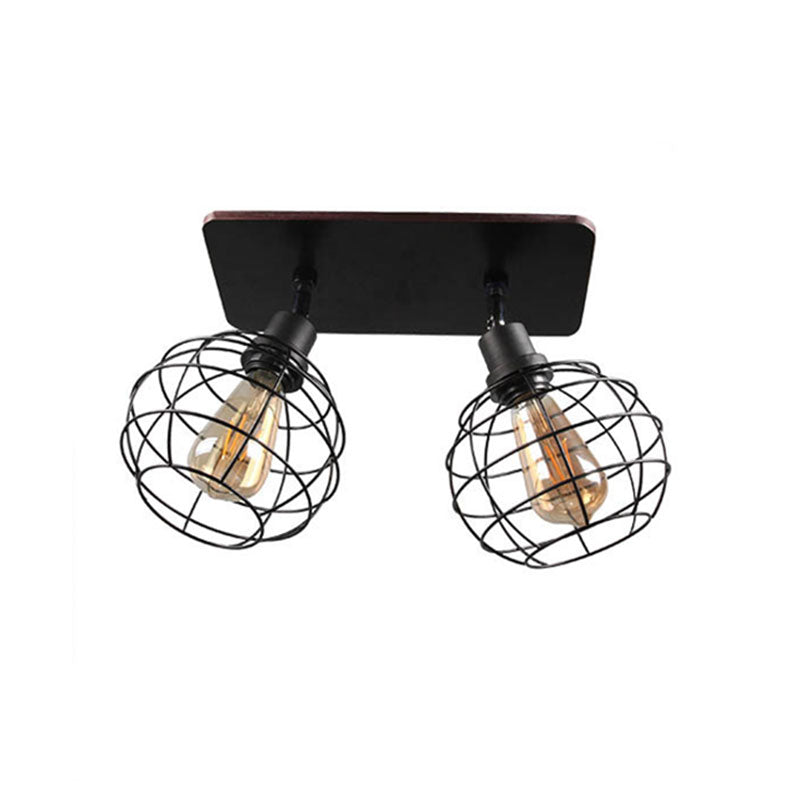 1/2/3-Head Ball Cage Semi Flush Mount Ceiling Light Industrial Black Metal Rotatable Ceiling Fixture for Restaurant Clearhalo 'Ceiling Lights' 'Close To Ceiling Lights' 'Close to ceiling' 'Semi-flushmount' Lighting' 168389