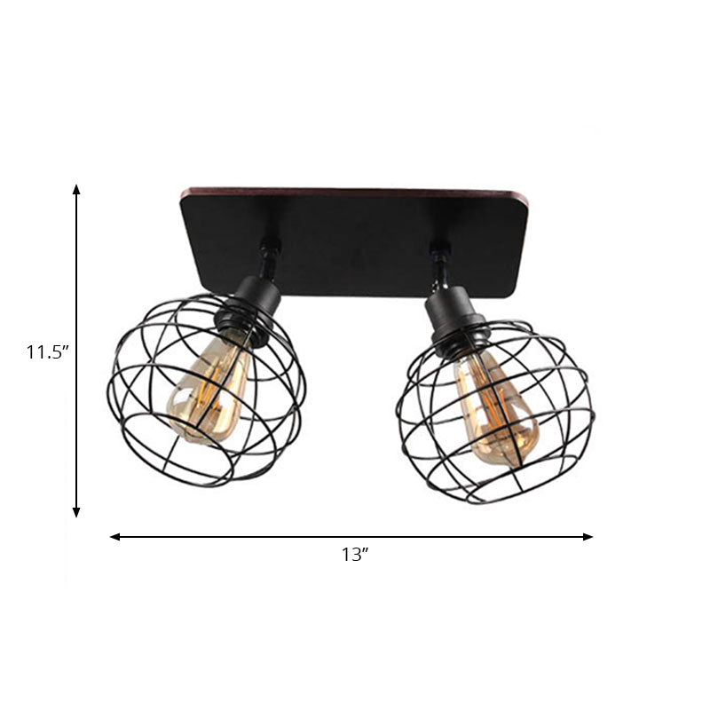 1/2/3-Head Ball Cage Semi Flush Mount Ceiling Light Industrial Black Metal Rotatable Ceiling Fixture for Restaurant Clearhalo 'Ceiling Lights' 'Close To Ceiling Lights' 'Close to ceiling' 'Semi-flushmount' Lighting' 168390