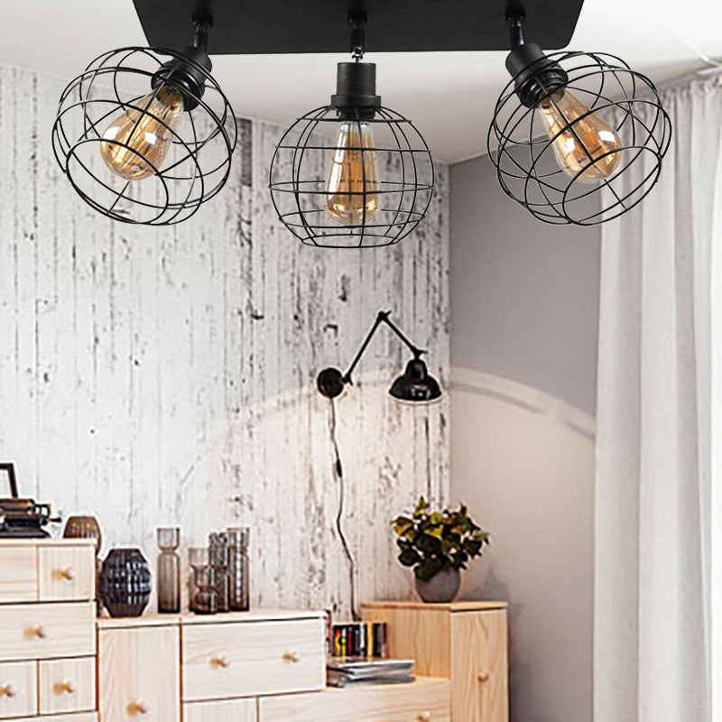 1/2/3-Head Ball Cage Semi Flush Mount Ceiling Light Industrial Black Metal Rotatable Ceiling Fixture for Restaurant 3 Black Clearhalo 'Ceiling Lights' 'Close To Ceiling Lights' 'Close to ceiling' 'Semi-flushmount' Lighting' 168391