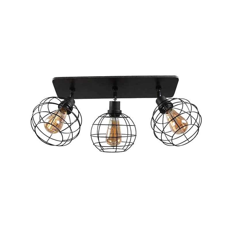 1/2/3-Head Ball Cage Semi Flush Mount Ceiling Light Industrial Black Metal Rotatable Ceiling Fixture for Restaurant Clearhalo 'Ceiling Lights' 'Close To Ceiling Lights' 'Close to ceiling' 'Semi-flushmount' Lighting' 168392