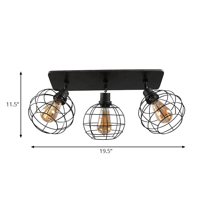 1/2/3-Head Ball Cage Semi Flush Mount Ceiling Light Industrial Black Metal Rotatable Ceiling Fixture for Restaurant Clearhalo 'Ceiling Lights' 'Close To Ceiling Lights' 'Close to ceiling' 'Semi-flushmount' Lighting' 168393