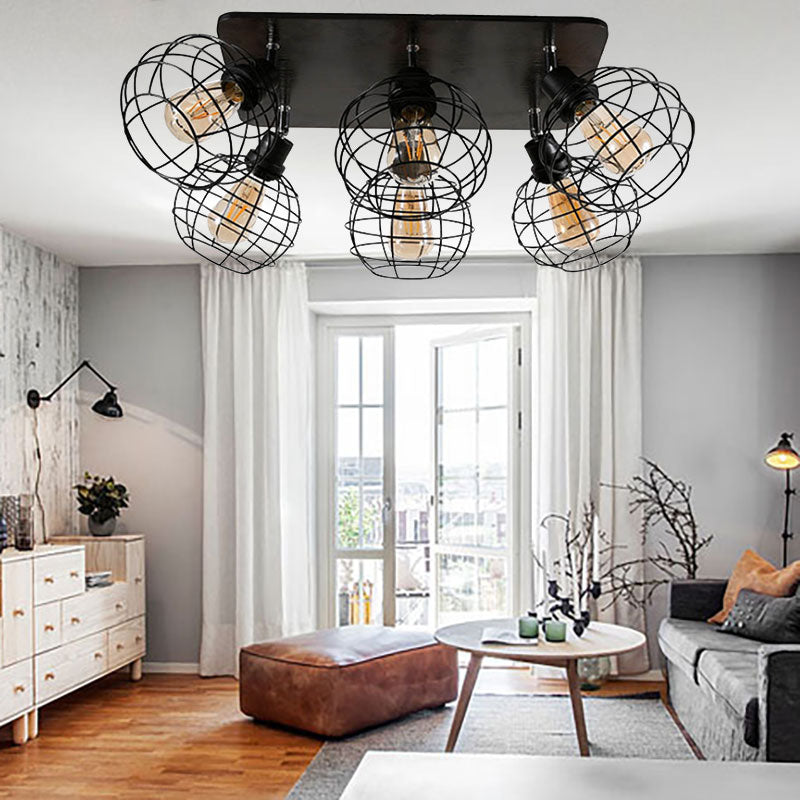 Global Cage Metal Semi Flush Mount Ceiling Light Industrial Style 4/6 Lights Dining Room Ceiling Light in Black 6 Black Clearhalo 'Ceiling Lights' 'Close To Ceiling Lights' 'Close to ceiling' 'Semi-flushmount' Lighting' 168403