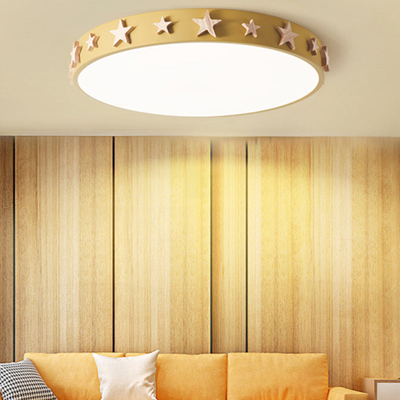Drum Flush Mount Light, Contemporary Ceiling Light with Star Decoration for Kids Bedroom Yellow Clearhalo 'Ceiling Lights' 'Close To Ceiling Lights' 'Close to ceiling' 'Flush mount' Lighting' 168427