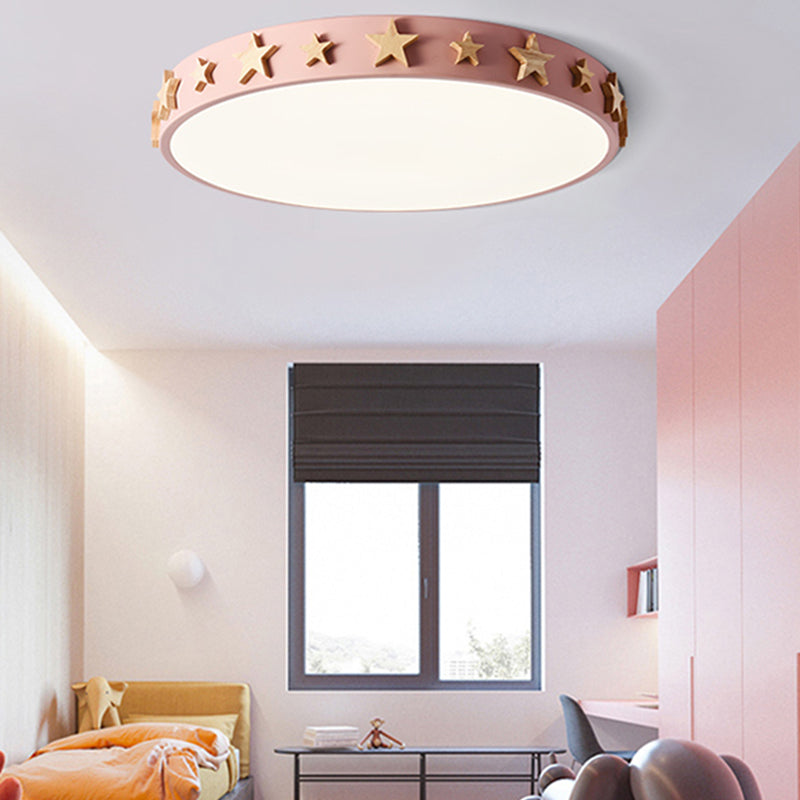 Drum Flush Mount Light, Contemporary Ceiling Light with Star Decoration for Kids Bedroom Pink Clearhalo 'Ceiling Lights' 'Close To Ceiling Lights' 'Close to ceiling' 'Flush mount' Lighting' 168439