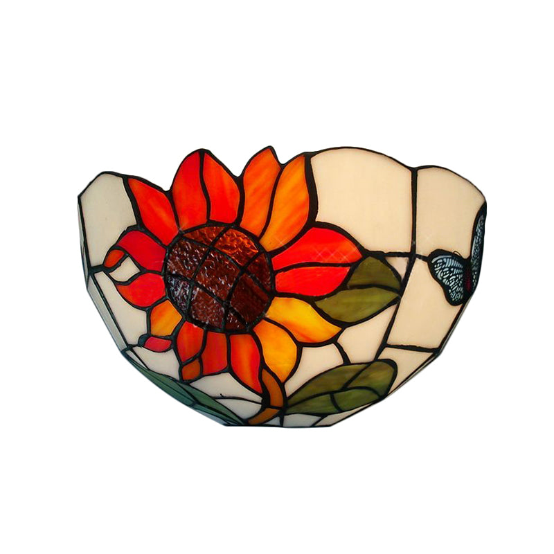 Sunflower Wall Lighting with Bowl Shade Stained Glass Rustic Tiffany Sconce Light Clearhalo 'Industrial' 'Middle century wall lights' 'Tiffany wall lights' 'Tiffany' 'Wall Lamps & Sconces' 'Wall Lights' Lighting' 168586